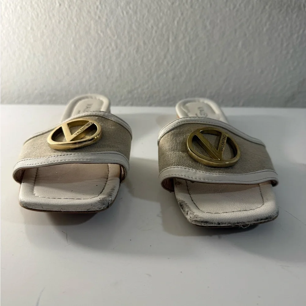 Valentino Black and Cream Slide Sandals with Gold Accent - Picture 2 of 4